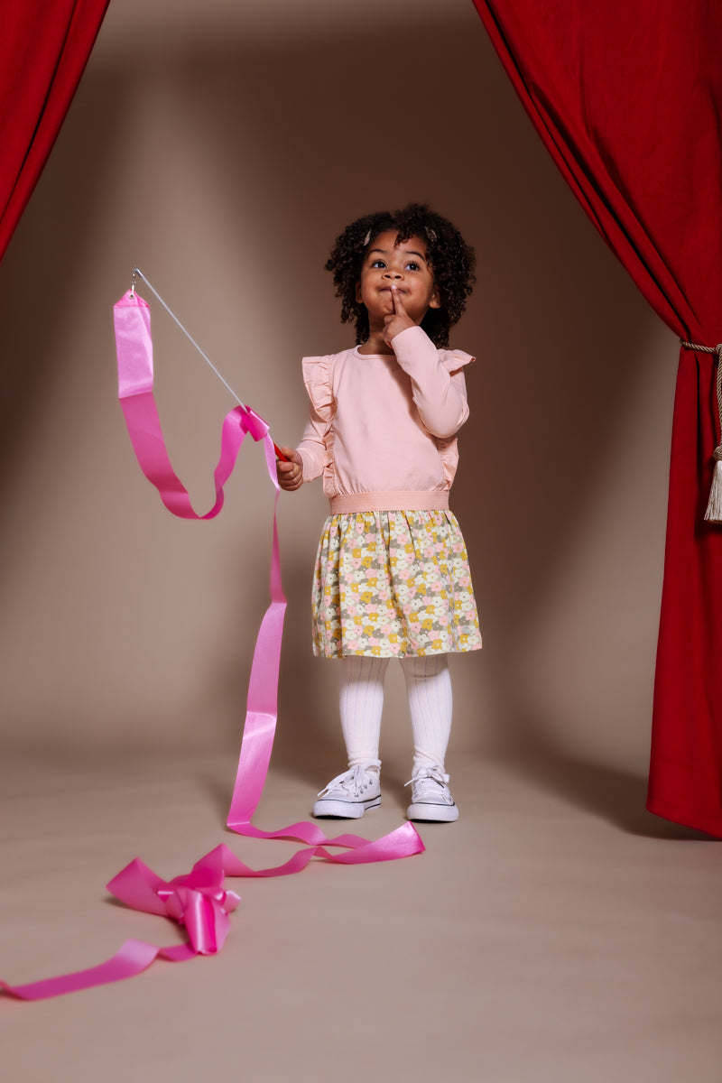 Jurk met bewerkte rok | AOP Pink Flower